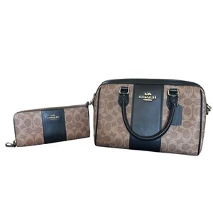 Coach Brown Signature Satchel with Black Trim and Wallet Set
